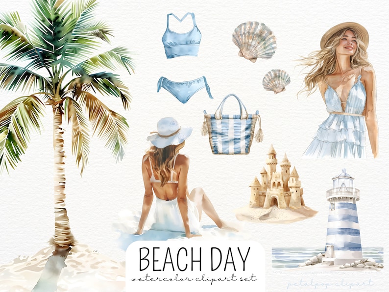 Puede incluir: Conjunto de clipart de acuarela con una palmera, una mujer con un vestido blanco y un traje de ba&ntilde;o azul, un castillo de arena, un faro, una bolsa de playa, conchas marinas y un bikini azul. El texto "BEACH DAY watercolor clipart set" est&aacute; en la parte inferior de la imagen.