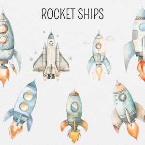 May include: A set of six watercolor illustrations of rocket ships in various styles. The rockets are blue, white, and gray with orange flames. The illustrations are on a white background with stars.