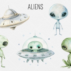 May include: A set of five watercolor illustrations featuring aliens and spaceships. The illustrations include a green alien with large eyes, a blue alien with large eyes, a green alien with large eyes sitting on its legs, a green alien with large eyes sitting in a spaceship, and a gray spaceship.