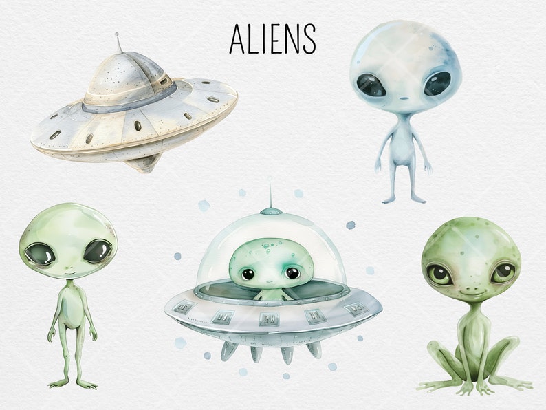 May include: A set of five watercolor illustrations featuring aliens and spaceships. The illustrations include a green alien with large eyes, a blue alien with large eyes, a green alien with large eyes sitting on its legs, a green alien with large eyes sitting in a spaceship, and a gray spaceship.