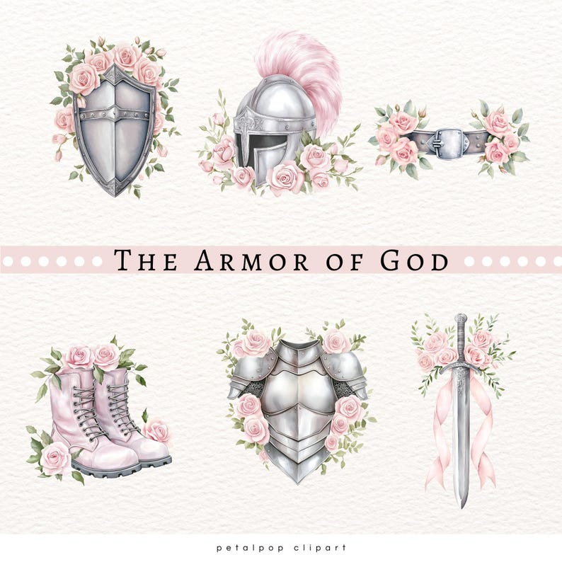 Op de afbeelding: Waterverfillustratie met elementen van harnas, waaronder een schild, helm, borstplaat, riem, laarzen en zwaard. Elk item is versierd met roze rozen en groen, met de tekst "The Armor of God" over de afbeelding.