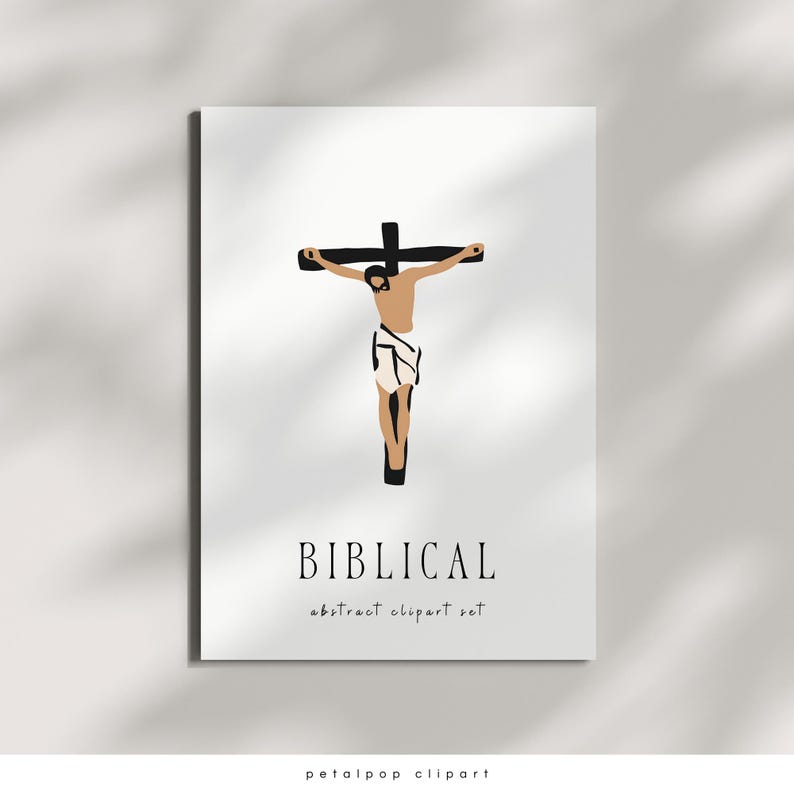 May include: A digital illustration of a person on a cross. The image is in a minimalist style with a white background. The text "BIBLICAL abstract clipart set" is below the image.