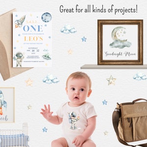 May include: A set of watercolor illustrations featuring a rocket, astronaut, moon, stars, and clouds. The illustrations are in shades of blue, yellow, and white. The text "Goodnight Moon" is written on a framed print. The text "5.4.3.2... ONE LEO'S" is written on a party invitation. The text "Jacob" is written on a framed print. The text "Salic" is written on a brown canvas bag.