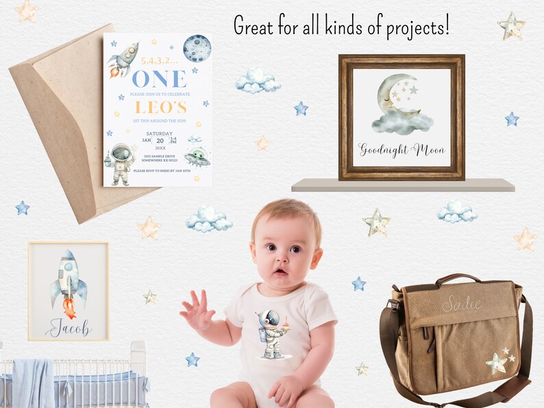 May include: A set of watercolor illustrations featuring a rocket, astronaut, moon, stars, and clouds. The illustrations are in shades of blue, yellow, and white. The text "Goodnight Moon" is written on a framed print. The text "5.4.3.2... ONE LEO'S" is written on a party invitation. The text "Jacob" is written on a framed print. The text "Salic" is written on a brown canvas bag.