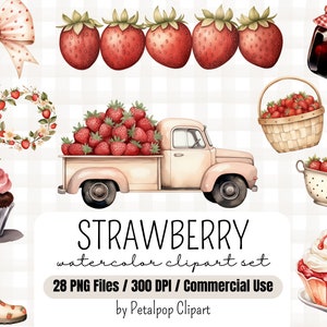 Clipart aquarelle fraise, fraise fruit PNG en téléchargement numérique, fabrication de cartes, journal indésirable, scrapbooking, sublimation, usage Commercial