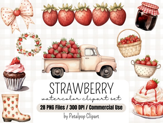 Strawberry Watercolor Clipart, Strawberry Fruit PNG Digital Download Card Making, Junk Journal, Scrapbooking, Sublimation, Commercial Use