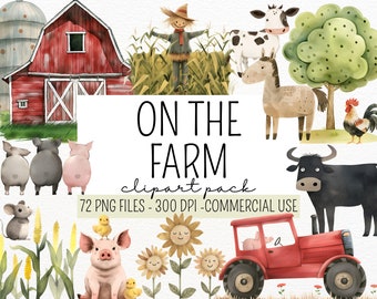 Puede incluir: Un paquete de clipart de acuarela con animales de granja, un granero rojo, un espantapájaros, girasoles, maíz y un tractor. El texto "ON THE FARM clipart pack 72 PNG FILES - 300 DPI - COMMERCIAL USE" está incluido en la imagen.