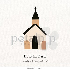May include: A simple illustration of a church building with a cross on top. The church is beige with a black door and black roof. The illustration is in a minimalist style.