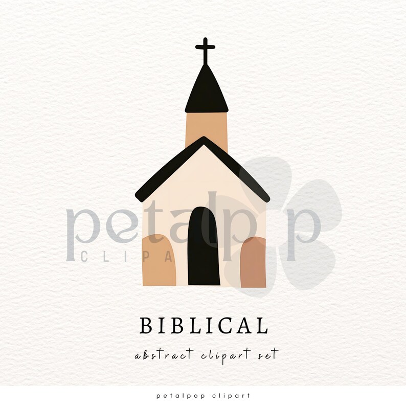 May include: A simple illustration of a church building with a cross on top. The church is beige with a black door and black roof. The illustration is in a minimalist style.