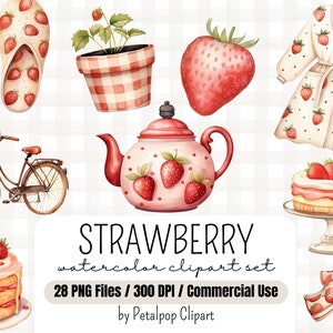 Pu&ograve; includere: Un set di clipart ad acquerello con fragole in vari design, tra cui una teiera, una bicicletta, un paio di pantofole, una vestaglia, una torta, una pianta e un paio di scarpe da ginnastica. Il set include 28 file PNG a 300 DPI ed &egrave; per uso commerciale. Il testo "STRAWBERRY watercolor clipart set 28 PNG Files / 300 DPI / Commercial Use by Petalpop Clipart" &egrave; incluso nell'immagine.