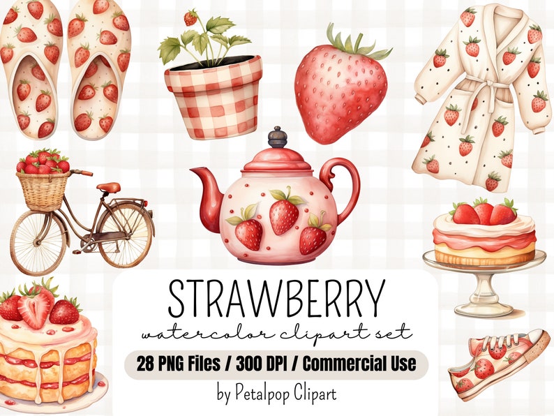 Pu&ograve; includere: Un set di clipart ad acquerello con fragole in vari design, tra cui una teiera, una bicicletta, un paio di pantofole, una vestaglia, una torta, una pianta e un paio di scarpe da ginnastica. Il set include 28 file PNG a 300 DPI ed &egrave; per uso commerciale. Il testo "STRAWBERRY watercolor clipart set 28 PNG Files / 300 DPI / Commercial Use by Petalpop Clipart" &egrave; incluso nell'immagine.