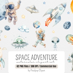 Space Adventure Clipart, clipart lune et étoiles, astronaute PNG, clipart extraterrestre, art de l'espace pour chambre d'enfant, graphiques spatiaux, fusée, planètes