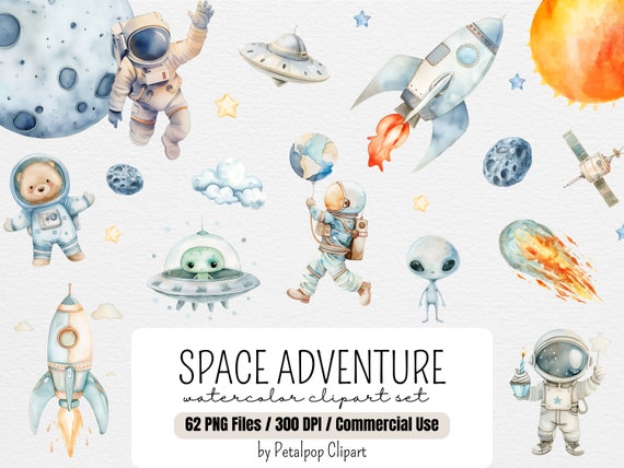 Space Adventure Clipart, moon and stars clipart, astronaut PNG, alien clipart, outer space nursery art, space graphics, rocket ship, planets