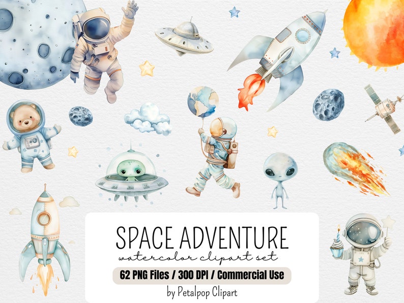 May include: A watercolor clipart set featuring space-themed illustrations. The set includes astronauts, aliens, rockets, planets, stars, and a comet. The illustrations are in a whimsical style and are perfect for creating invitations, cards, and other crafts.