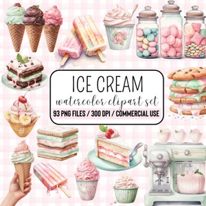 Set di clipart per gelato, PNG acquerello, caramelle gelato, clipart dessert, download digitale, uso commerciale, clipart compleanno, arte rosa cipria