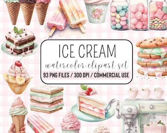 Set di clipart per gelato, PNG acquerello, caramelle gelato, clipart dessert, download digitale, uso commerciale, clipart compleanno, arte rosa cipria