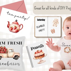 Pu&ograve; includere: Un set di disegni stampabili con fragole, una teiera, un camioncino, una torta e un body per neonato. I disegni sono perfetti per progetti fai-da-te, come la creazione di biglietti, inviti o decorazioni.
