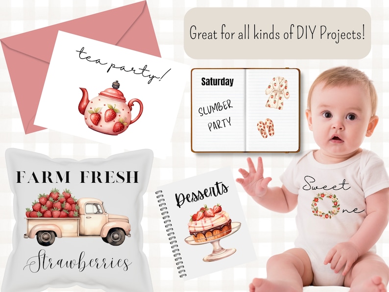 Pu&ograve; includere: Un set di disegni stampabili con fragole, una teiera, un camioncino, una torta e un body per neonato. I disegni sono perfetti per progetti fai-da-te, come la creazione di biglietti, inviti o decorazioni.