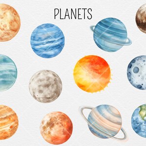 May include: Watercolor illustration of planets in the solar system. The planets are painted in various shades of blue, brown, orange, and yellow. The word "PLANETS" is written in black at the top of the image.