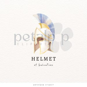 May include: Watercolor illustration of a white and gold helmet with a blue and white plume. The text "HELMET of Salvation" is below the helmet. The image has a soft, artistic style, suitable for digital art or print.