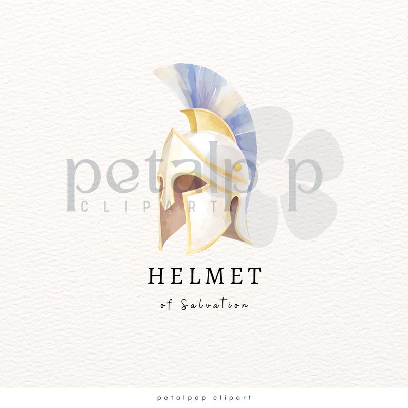 May include: Watercolor illustration of a white and gold helmet with a blue and white plume. The text "HELMET of Salvation" is below the helmet. The image has a soft, artistic style, suitable for digital art or print.
