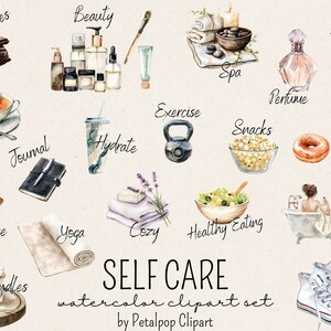 K&ouml;nnte beinhalten: Aquarell-Clipart-Set mit Selbstpflege-Aktivit&auml;ten, darunter Sport, Yoga, Tee, Snacks, S&uuml;&szlig;igkeiten, Parf&uuml;m, Beauty-Produkte und mehr. Das Set enth&auml;lt den Text "SELF CARE watercolor clipart set by Petalpop Clipart".