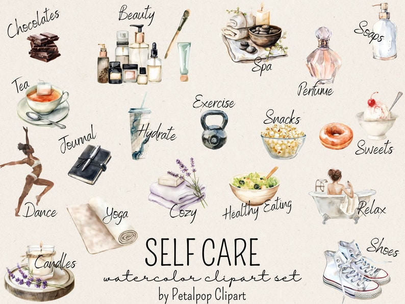 K&ouml;nnte beinhalten: Aquarell-Clipart-Set mit Selbstpflege-Aktivit&auml;ten, darunter Sport, Yoga, Tee, Snacks, S&uuml;&szlig;igkeiten, Parf&uuml;m, Beauty-Produkte und mehr. Das Set enth&auml;lt den Text "SELF CARE watercolor clipart set by Petalpop Clipart".