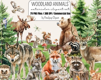 Woodland Animals Clipart, watercolor forest, baby woodland animals, woodland nursery, forest clipart, downloadable clipart, commercial use