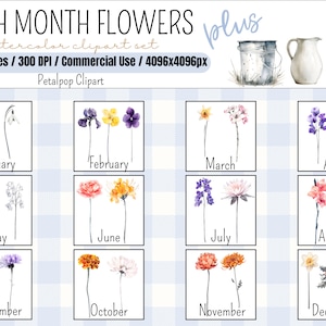 Geburtsmonat Blumen Clipart, Geburtsblumenstrauß für personalisierte Geschenke, Aquarellblumen, Blumenvase, Blumen PNG Clipart, Geburtstag PNG