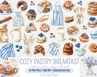 Clipart colazione, clipart pasticceria, cottura png, mirtilli, pane, ciambella png, colazione acquerello, cottagecore, clipart accogliente, primula png