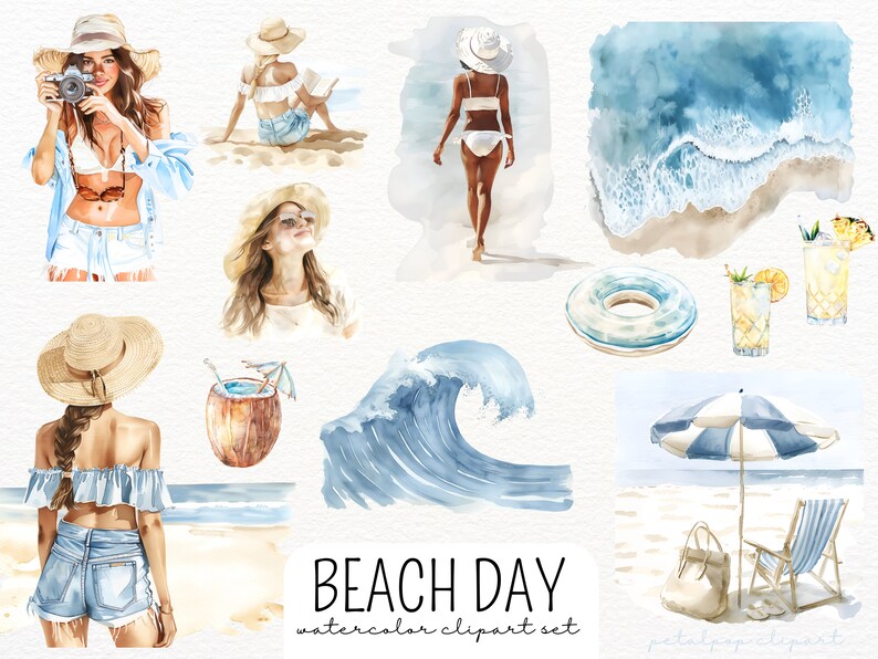Puede incluir: Conjunto de clipart de acuarela con elementos de d&iacute;a de playa, que incluyen mujeres en trajes de ba&ntilde;o y sombreros, una sombrilla de playa, una silla de playa, una bolsa de playa, una bebida de coco, una ola, una escena de playa y c&oacute;cteles. El texto "BEACH DAY watercolor clipart set" est&aacute; incluido en la imagen.