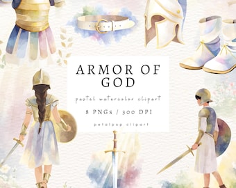 Conjunto de imágenes prediseñadas cristianas de acuarela de la Armadura de Dios: 8 imágenes PNG religiosas en tonos pastel para arte bíblico, Escrituras, manualidades y descarga digital.