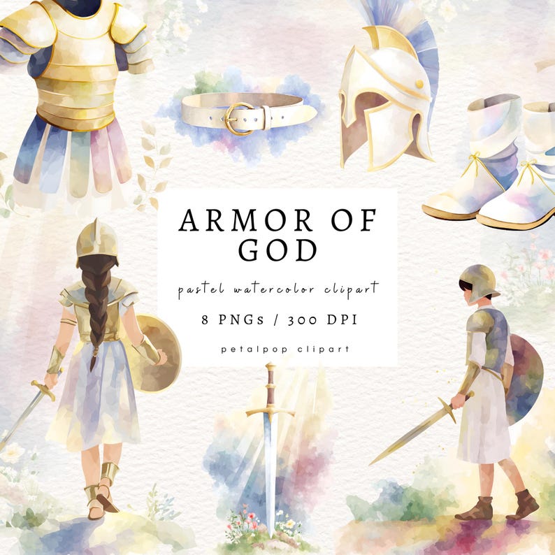 May include: Watercolor clipart set featuring elements of armor, including a breastplate, helmet, belt, and boots. The image also includes illustrations of figures with swords and shields. The text "ARMOR OF GOD" is displayed prominently.