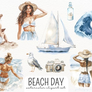 Puede incluir: Conjunto de clipart de acuarela con un velero, una ola, una gaviota, una c&aacute;mara, una botella con una concha dentro y tres mujeres con diferentes atuendos de playa. El texto "BEACH DAY watercolor clipart set" est&aacute; en la parte inferior de la imagen.