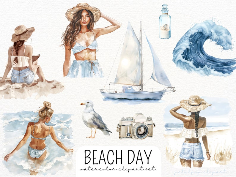 Puede incluir: Conjunto de clipart de acuarela con un velero, una ola, una gaviota, una c&aacute;mara, una botella con una concha dentro y tres mujeres con diferentes atuendos de playa. El texto "BEACH DAY watercolor clipart set" est&aacute; en la parte inferior de la imagen.