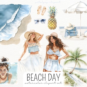 Puede incluir: Conjunto de clipart de acuarela con dos mujeres con atuendos de verano, una escena de playa con olas, una palmera, una sombrilla de playa, una pi&ntilde;a, gafas de sol, una bolsa de playa y una pelota de playa. El texto "BEACH DAY watercolor clipart set" est&aacute; incluido en la imagen.