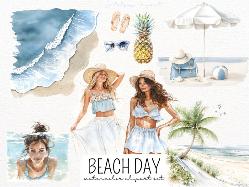 Puede incluir: Conjunto de clipart de acuarela con dos mujeres con atuendos de verano, una escena de playa con olas, una palmera, una sombrilla de playa, una pi&ntilde;a, gafas de sol, una bolsa de playa y una pelota de playa. El texto "BEACH DAY watercolor clipart set" est&aacute; incluido en la imagen.