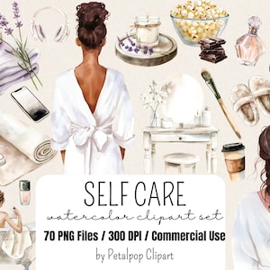 Self Care Clipart, aquarel clipart, gezonde voeding, fitness meisje, cosmetische PNG-afbeeldingen, clipart, spa, schoonheid, dans, kaarsen uitwerken