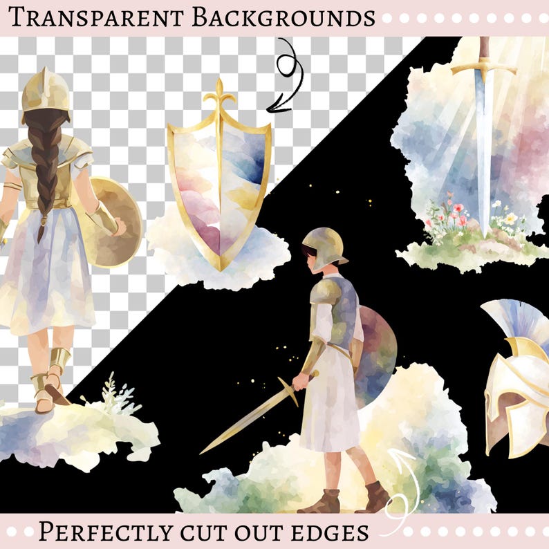 May include: Watercolor illustrations of a warrior theme. The image includes a warrior with a sword and shield, a shield, a sword, and a helmet. The text reads "TRANSPARENT BACKGROUNDS" and "PERFECTLY CUT OUT EDGES".