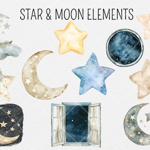 May include: A set of watercolor illustrations featuring stars and moons in various colors and styles. The illustrations include a crescent moon with a sleeping face, a star with a yellow center, a blue star with a white center, a brown star with a white center, a crescent moon with a white center, a window with a view of a starry night sky, and a moon with a white center and a star.