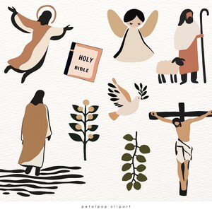 May include: A set of 10 digital illustrations depicting religious imagery in a minimalist style. The illustrations include a dove with an olive branch, a cross with a figure of Jesus, a book with the words "Holy Bible", a shepherd with a staff and a sheep, an angel with wings, and a person walking away from a stylized landscape.
