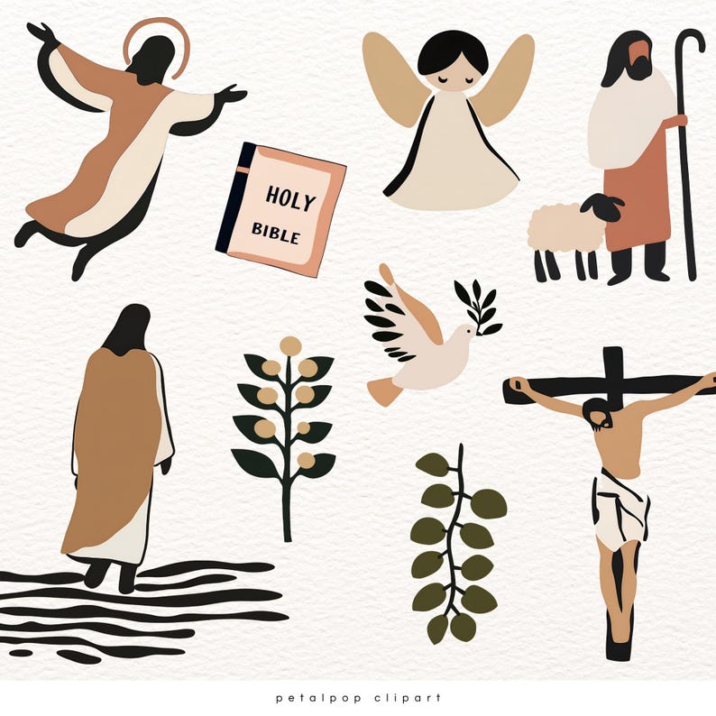 May include: A set of 10 digital illustrations depicting religious imagery in a minimalist style. The illustrations include a dove with an olive branch, a cross with a figure of Jesus, a book with the words "Holy Bible", a shepherd with a staff and a sheep, an angel with wings, and a person walking away from a stylized landscape.