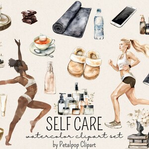 K&ouml;nnte beinhalten: Aquarell-Clipart-Set mit Selbstpflege-Elementen, darunter eine Yogamatte, Hausschuhe, Kerzen, Badeprodukte, eine laufende Frau und eine Frau, die Yoga macht. Der Text "SELF CARE watercolor clipart set by Petalpop Clipart" ist im Bild enthalten.
