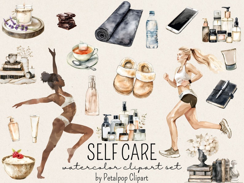 K&ouml;nnte beinhalten: Aquarell-Clipart-Set mit Selbstpflege-Elementen, darunter eine Yogamatte, Hausschuhe, Kerzen, Badeprodukte, eine laufende Frau und eine Frau, die Yoga macht. Der Text "SELF CARE watercolor clipart set by Petalpop Clipart" ist im Bild enthalten.