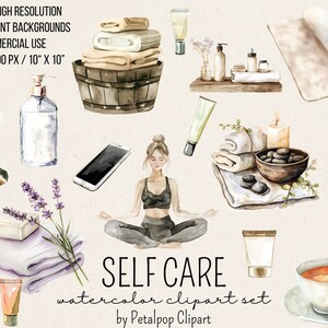 K&ouml;nnte beinhalten: Aquarell-Clipart-Set mit Selbstpflege-Elementen, darunter eine meditierende Frau, eine Tasse Tee, ein Badetuch, eine Kerze, eine Seife, eine Flasche Lotion, eine Tasse Kaffee und ein Smartphone. Der Text "SELF CARE watercolor clipart set by Petalpop Clipart" ist im Bild enthalten.
