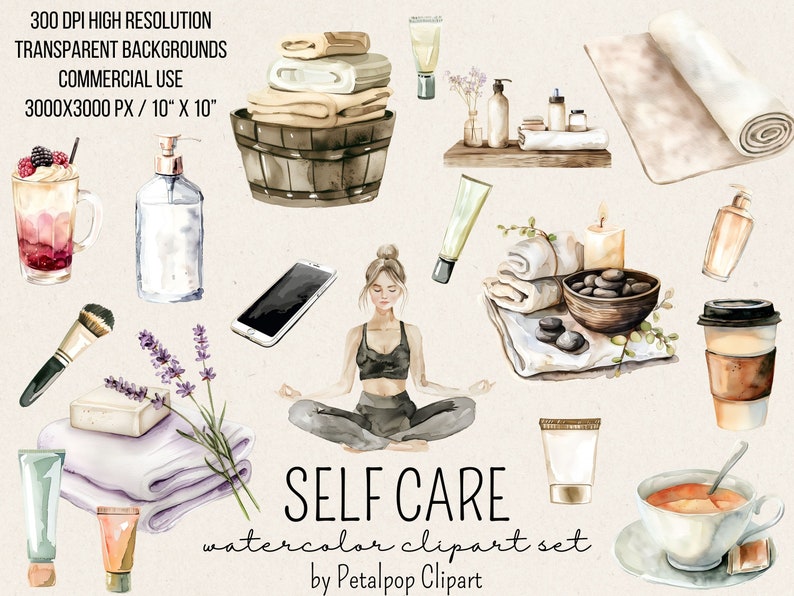 K&ouml;nnte beinhalten: Aquarell-Clipart-Set mit Selbstpflege-Elementen, darunter eine meditierende Frau, eine Tasse Tee, ein Badetuch, eine Kerze, eine Seife, eine Flasche Lotion, eine Tasse Kaffee und ein Smartphone. Der Text "SELF CARE watercolor clipart set by Petalpop Clipart" ist im Bild enthalten.
