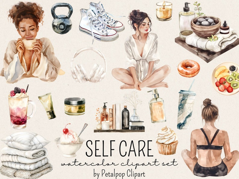 K&ouml;nnte beinhalten: Aquarell-Clipart-Set mit Selbstpflege-Elementen, darunter eine meditierende Frau, eine Tasse Kaffee, ein Donut, ein Cupcake, eine Kettlebell, ein Paar Turnschuhe, eine Schale mit Obst, ein Glas Wasser, ein Cremetiegel, eine Kerze, eine Flasche Lotion, ein Satz B&uuml;cher, Kopfh&ouml;rer, ein Handtuch und eine Schale mit Steinen. Der Text "SELF CARE watercolor clipart set by Petalpop Clipart" ist ebenfalls enthalten.