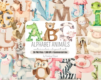 Alphabet Animal Clipart, Watercolor Clipart PNG, Fun Alphabet Letters, Animal Alphabet PNG, ABC Printables, Teacher Clipart, Animal Letters