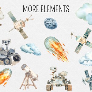 May include: Watercolor illustrations of space-themed elements, including a satellite, a rover, a telescope, a comet, a moon, and clouds. The illustrations are in a light blue, gray, and orange color palette.