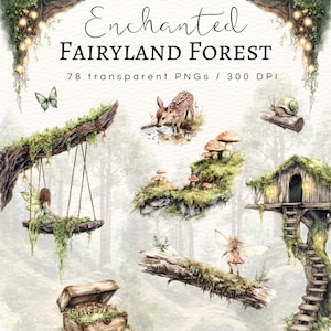 Clipart de bosque encantado de hadas, clipart de hadas, bosque encantado, hongos mágicos, animales del bosque, bosque mágico, uso comercial